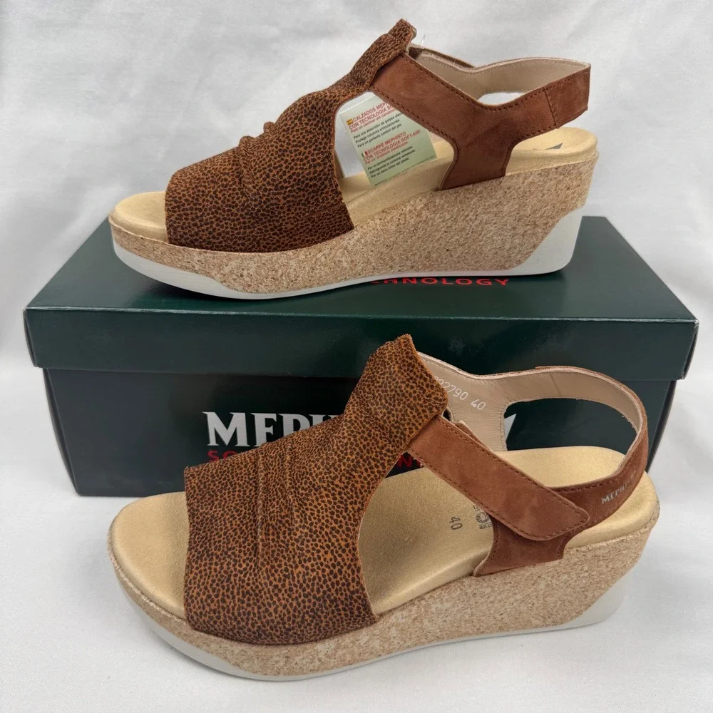 Mephisto Galiane Chili Brown Leather Wedge Sandals Womens 9 EU 40 Animal New